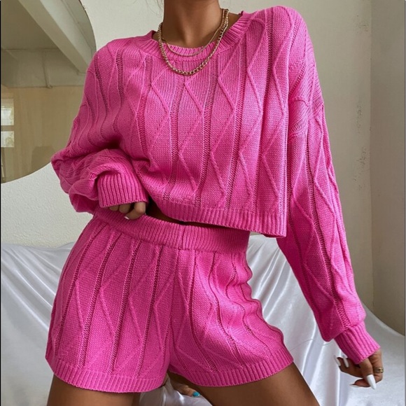 Pants - Hot Pink Over Sized Sweater Crop Top & Short Lounge Set